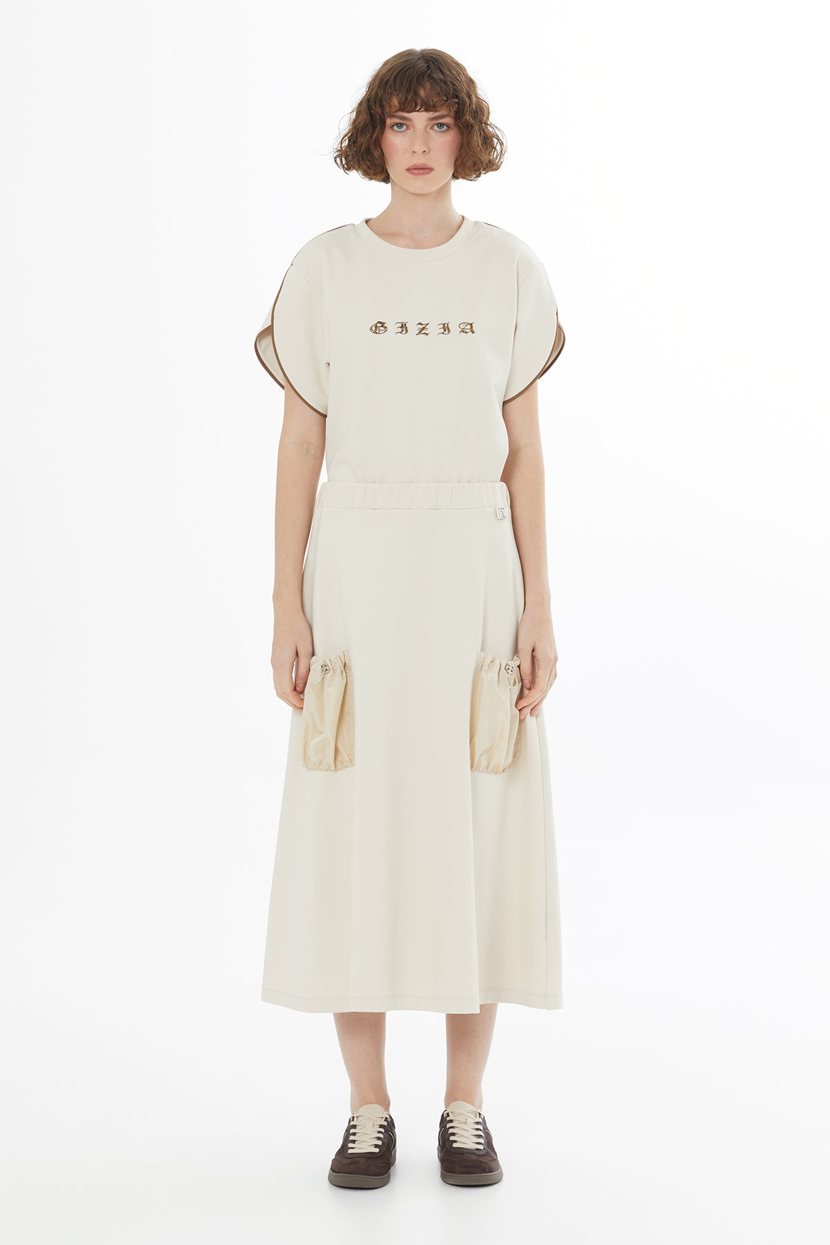 Beıge Logo Detail Gathered Skirt