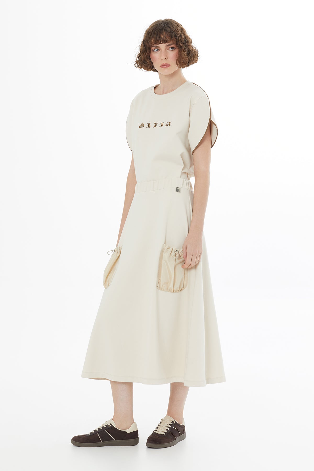 Beıge Logo Detail Gathered Skirt