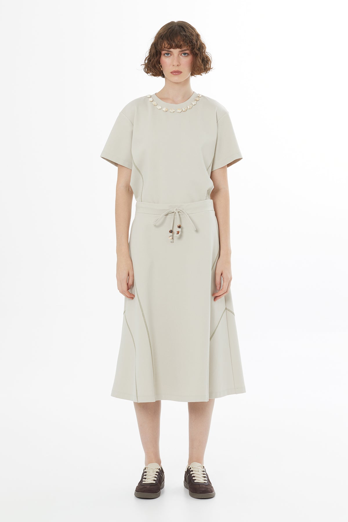 Beige Modern A-Line Midi Skirt