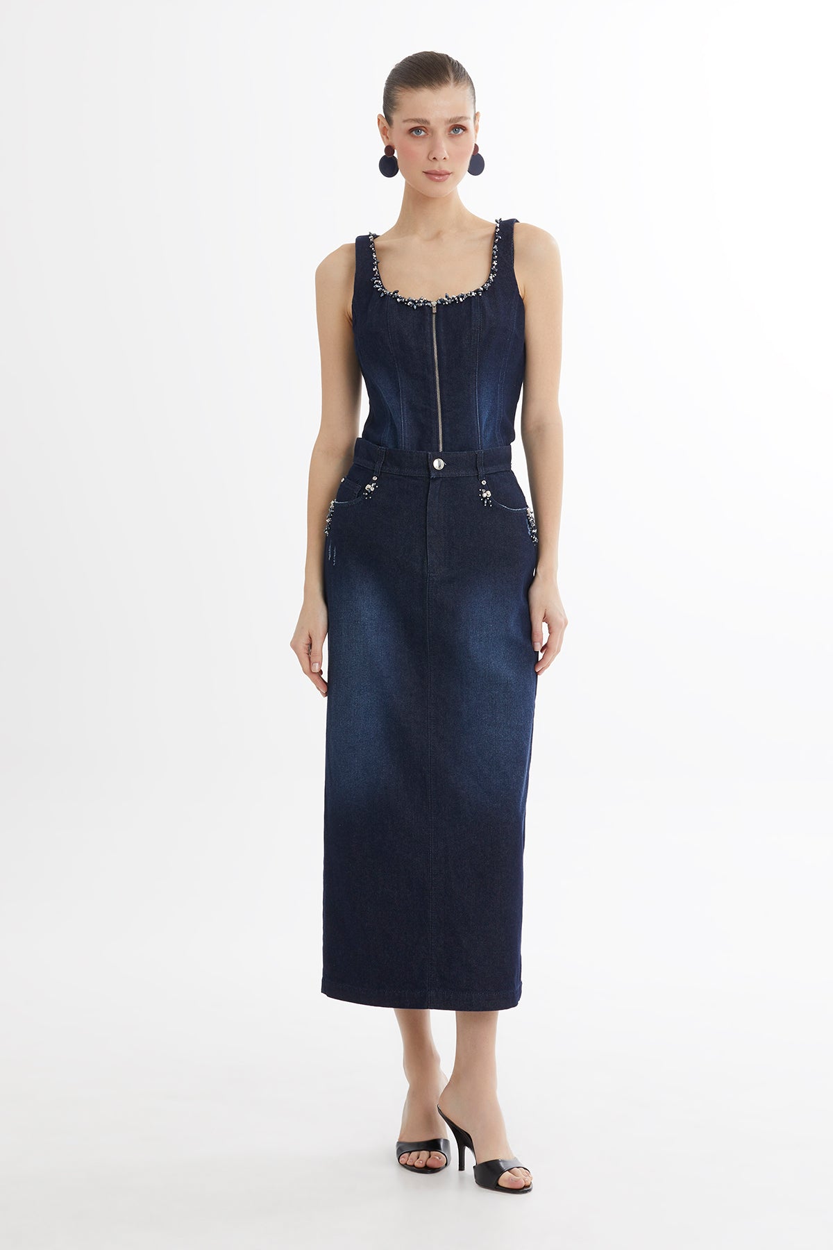 Blue Embroidered Denim Pencil Skirt