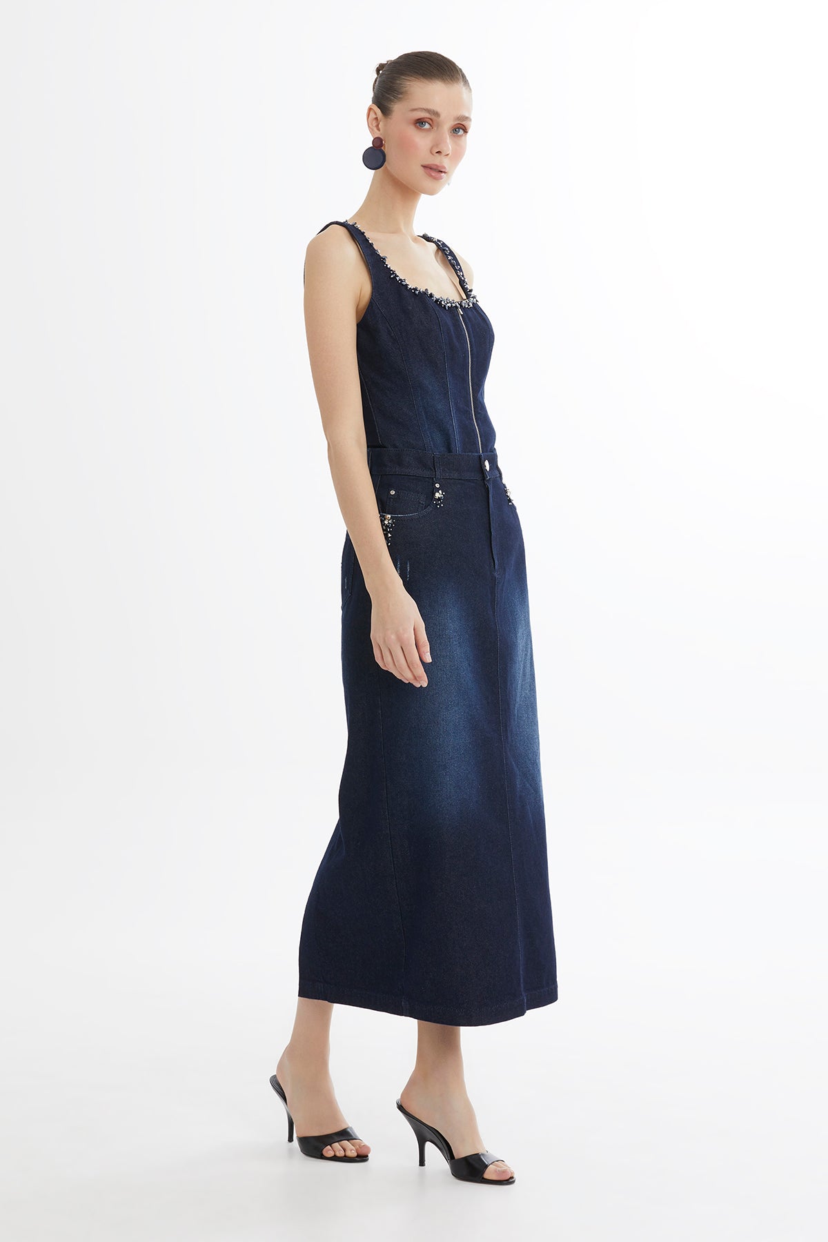 Blue Embroidered Denim Pencil Skirt