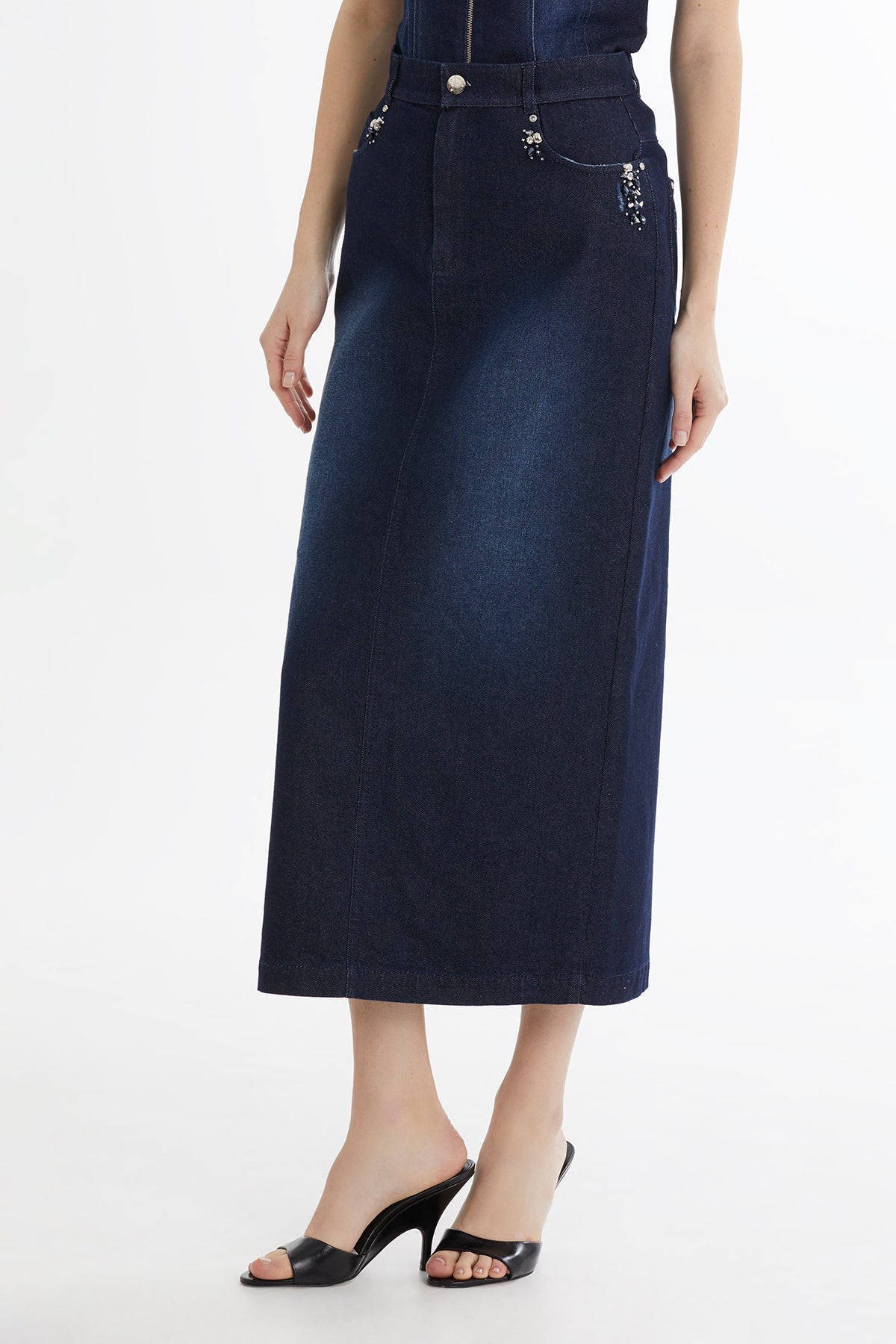 Blue Embroidered Denim Pencil Skirt