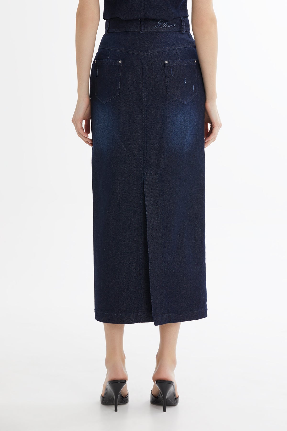 Blue Embroidered Denim Pencil Skirt