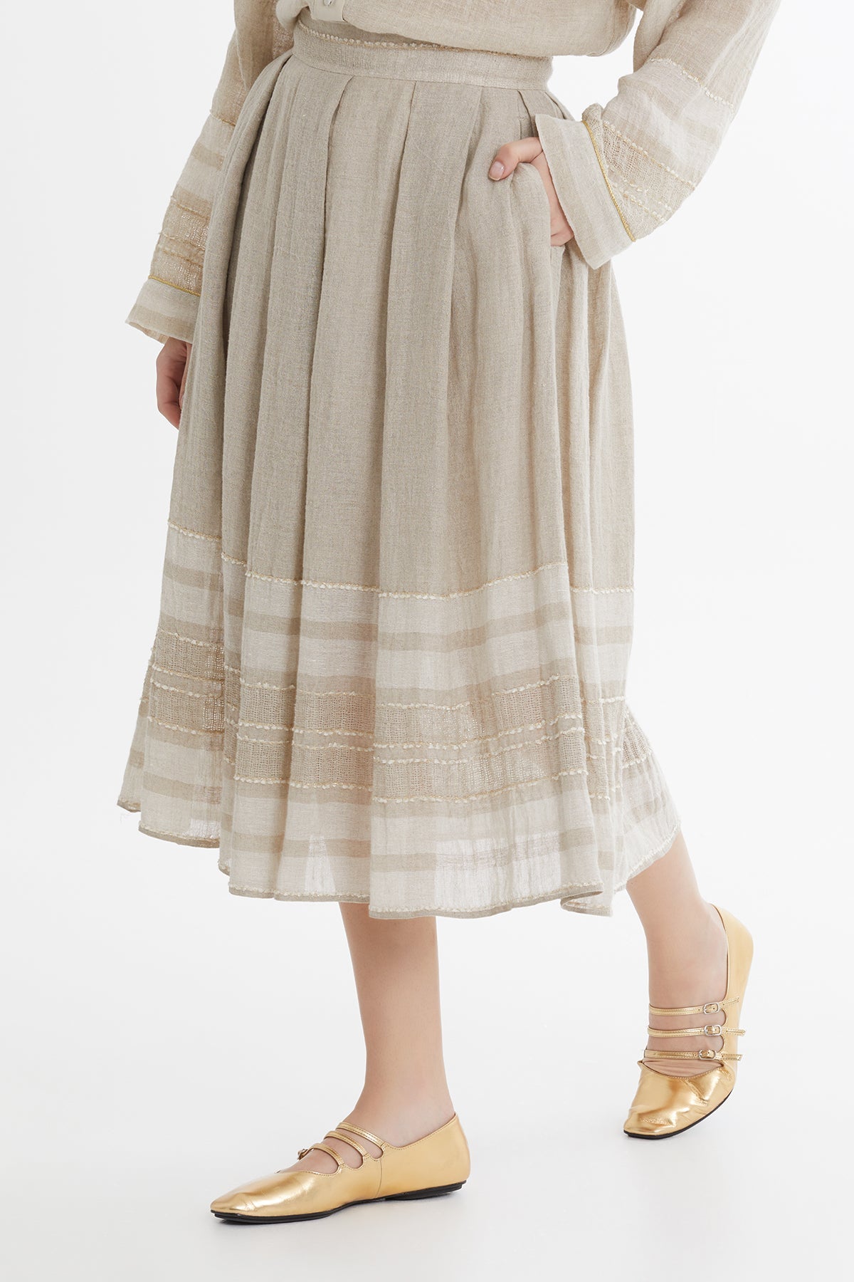Beige Striped Midi Skirt