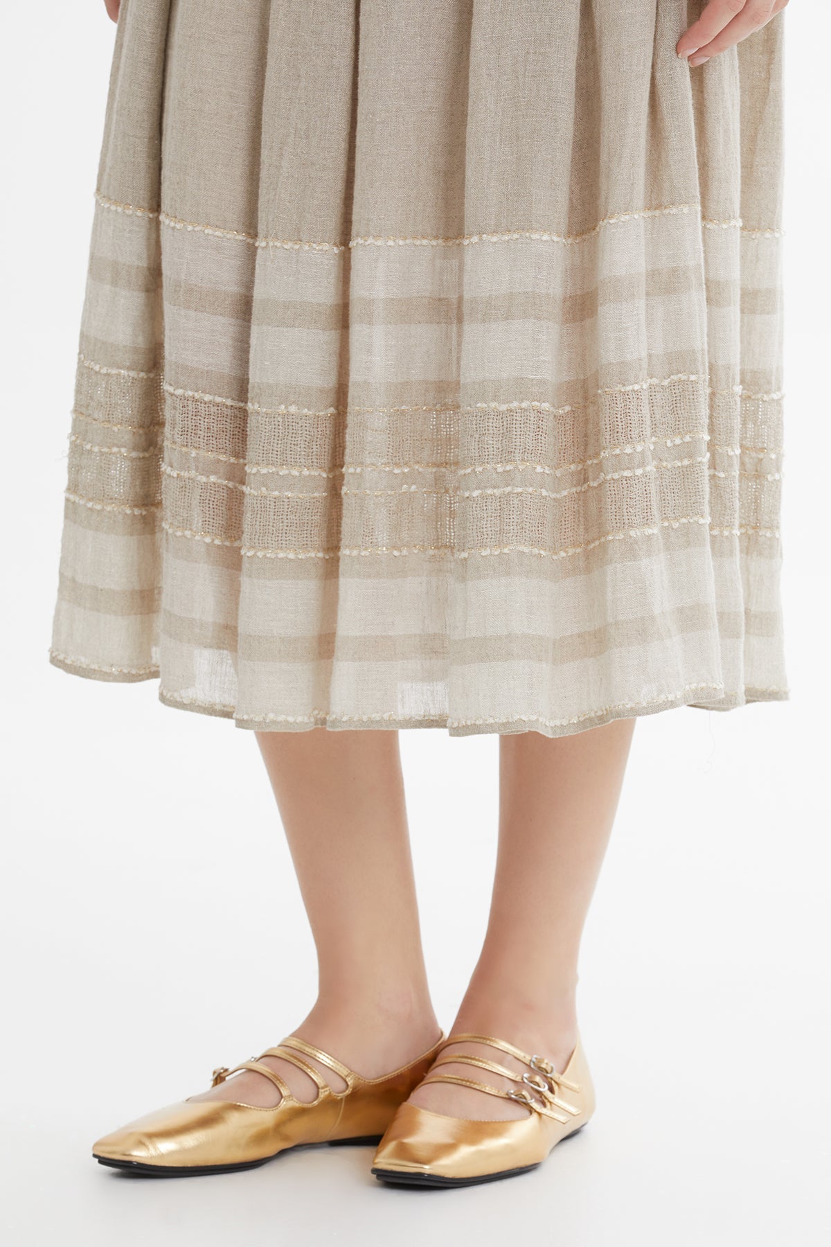 Beige Striped Midi Skirt