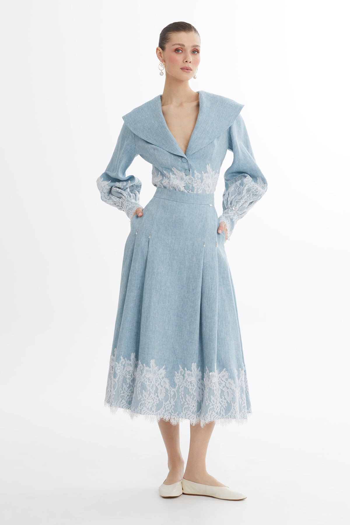 Blue Lace Trim Linen Midi Skirt N