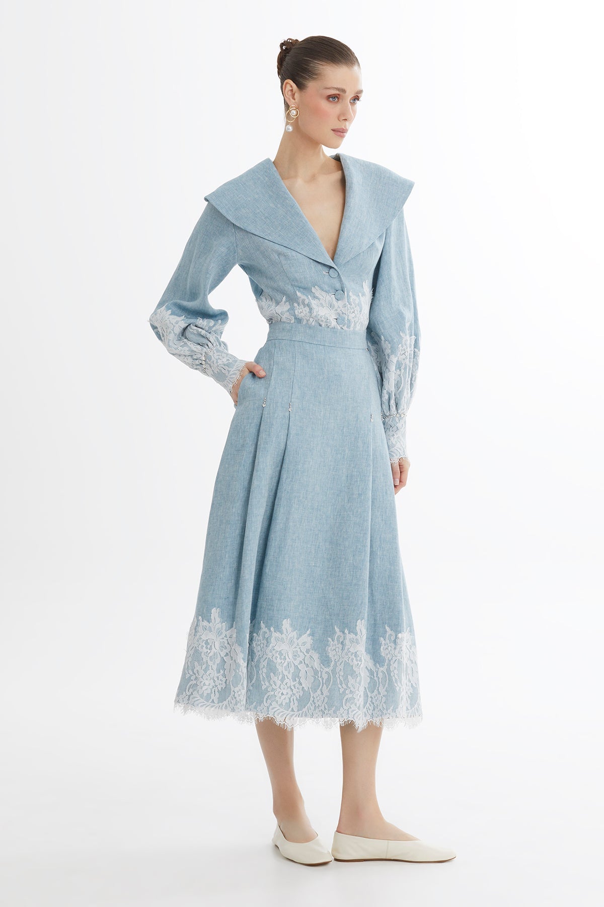 Blue Lace Trim Linen Midi Skirt N