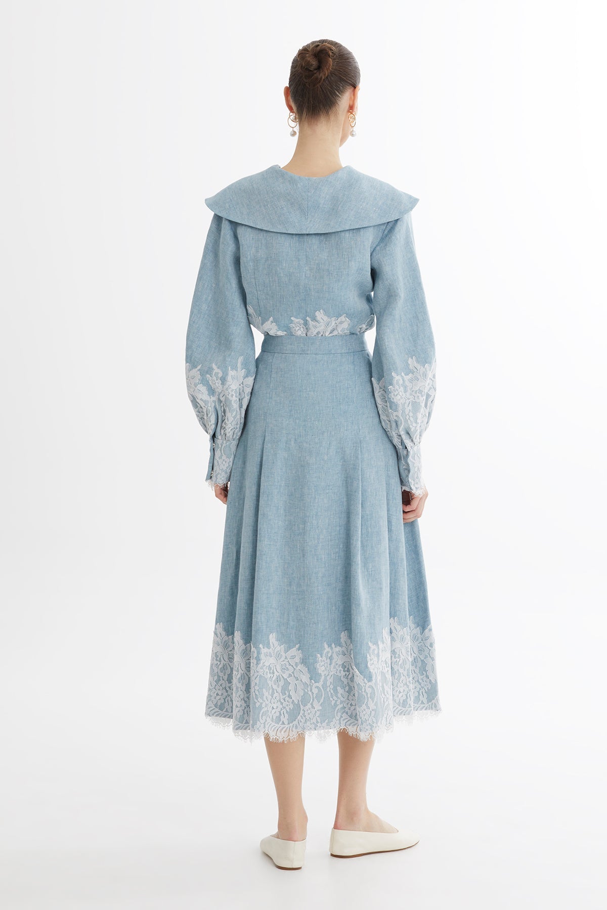 Blue Lace Trim Linen Midi Skirt N