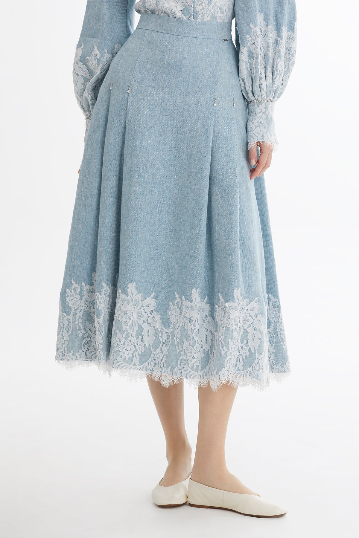 Blue Lace Trim Linen Midi Skirt N