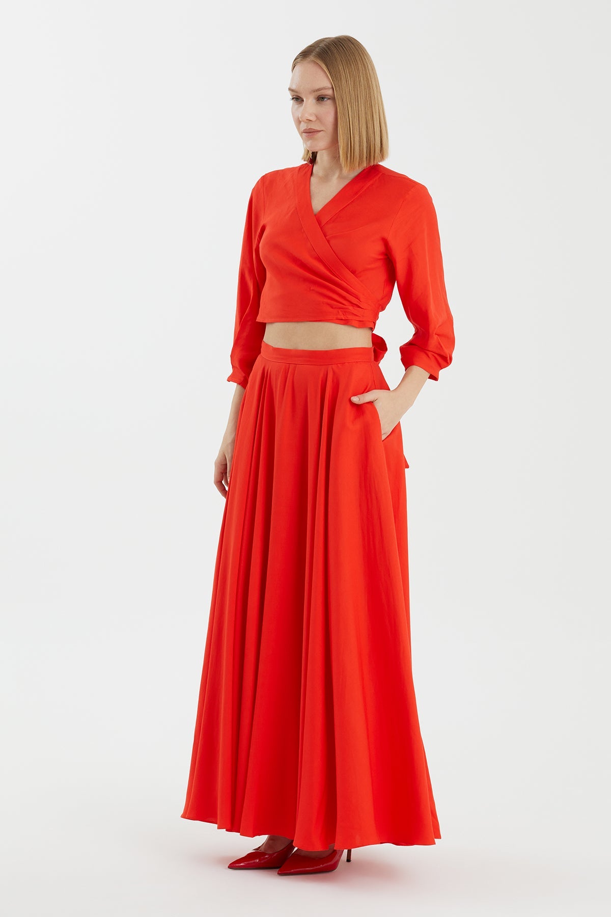 Red Pleated Long Skirt
