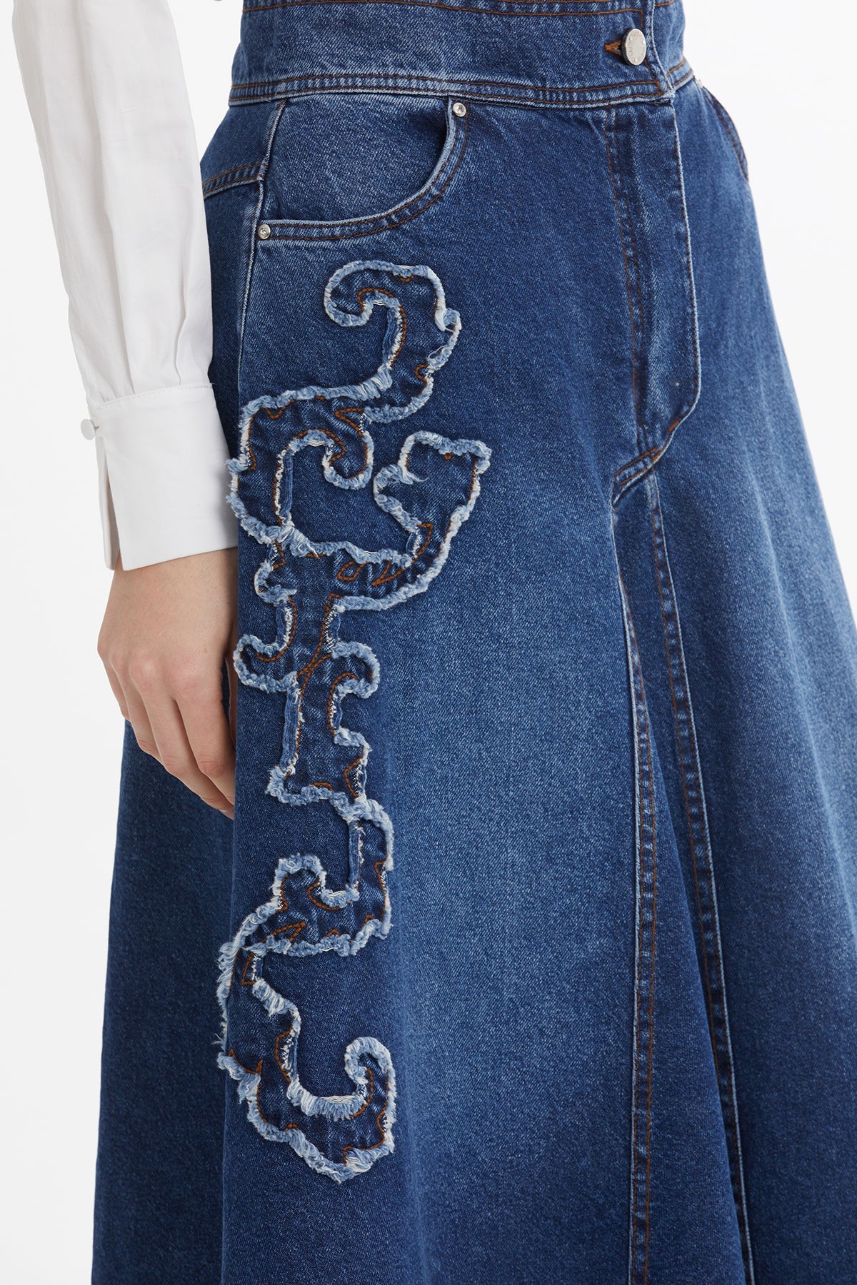 Blue Asymmetric Embroidered Denim Skirt