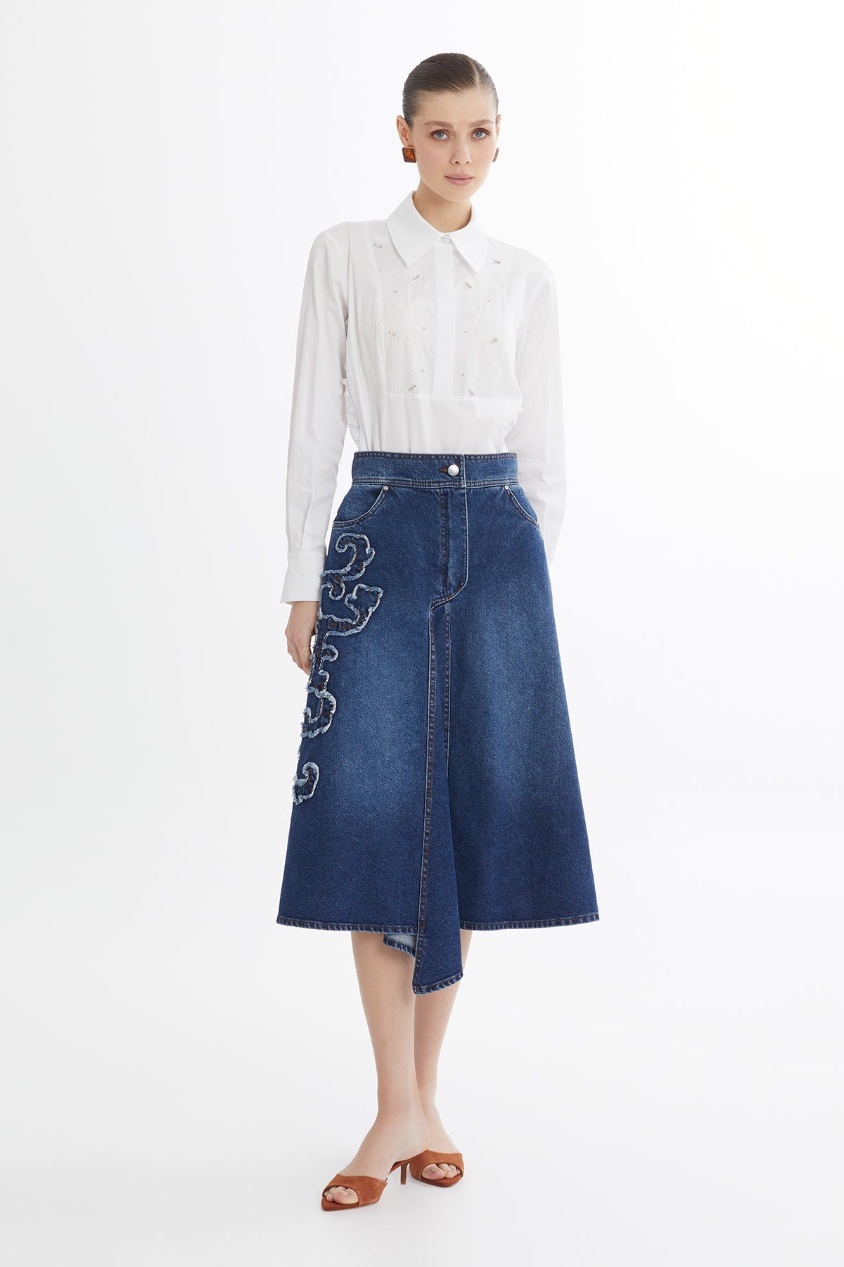 Blue Asymmetric Embroidered Denim Skirt