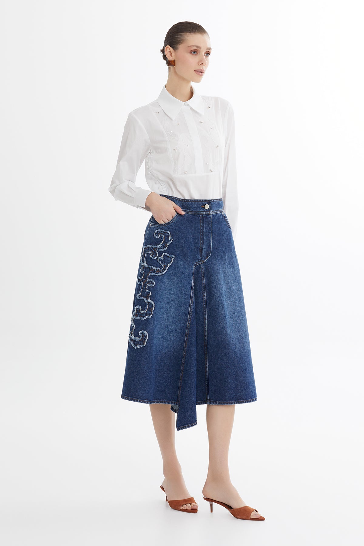 Blue Asymmetric Embroidered Denim Skirt