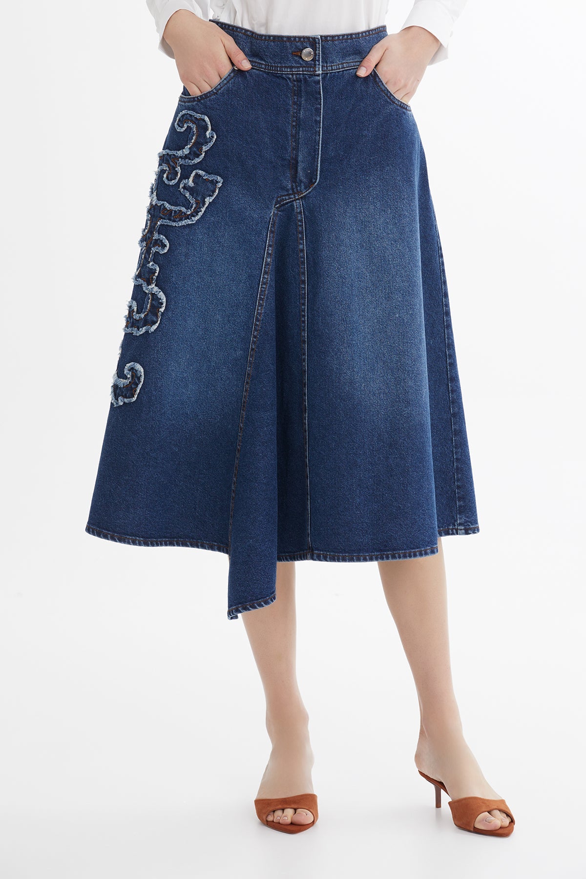 Blue Asymmetric Embroidered Denim Skirt