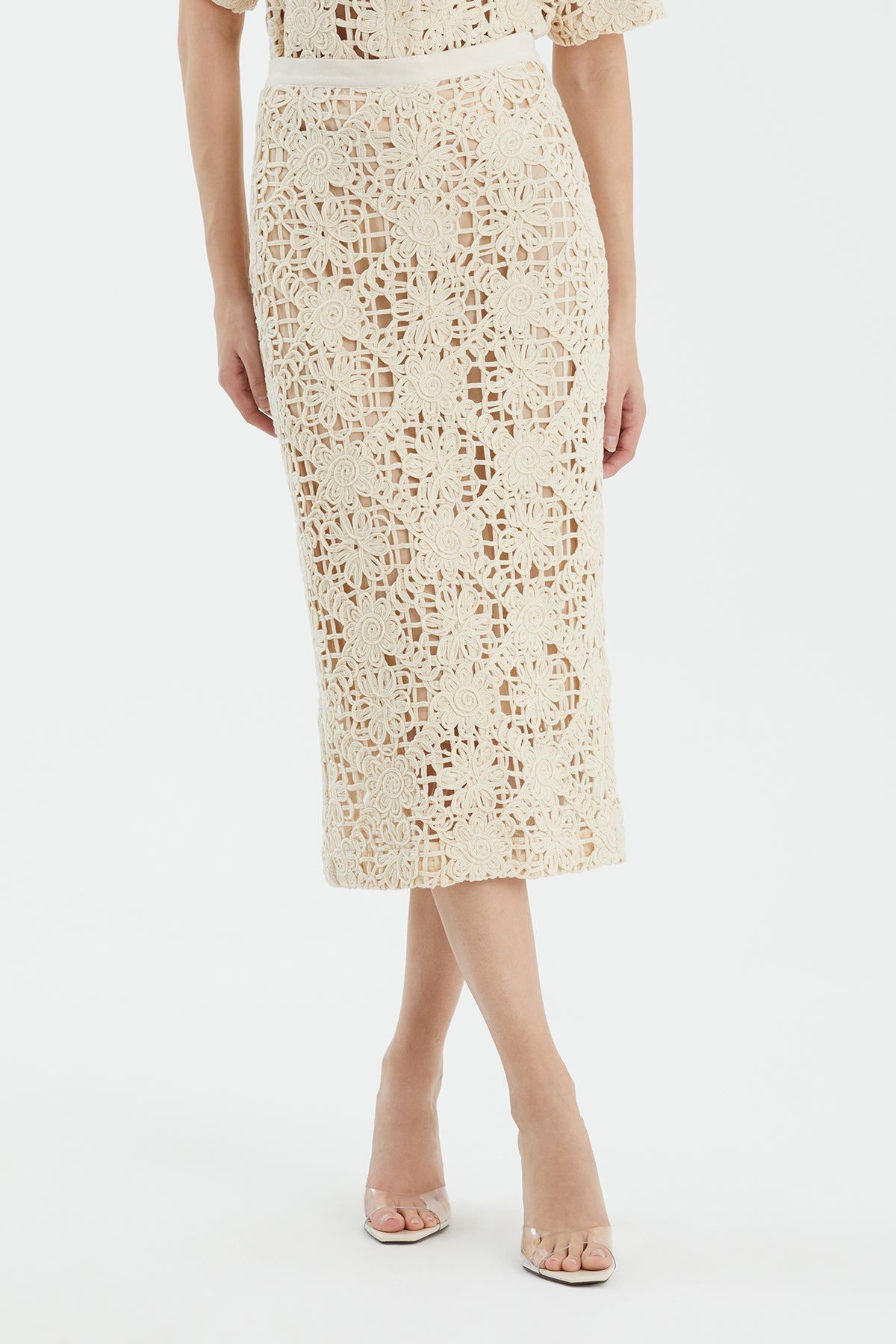 Ecru Slit Midi  Pencil Skirt