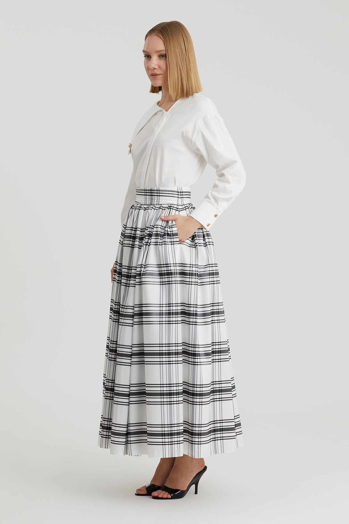 Black Checked Belted Maxi Skirt