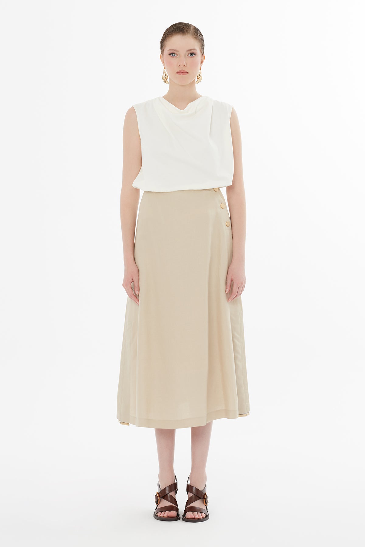 Beige Button-Closure Maxi Skirt