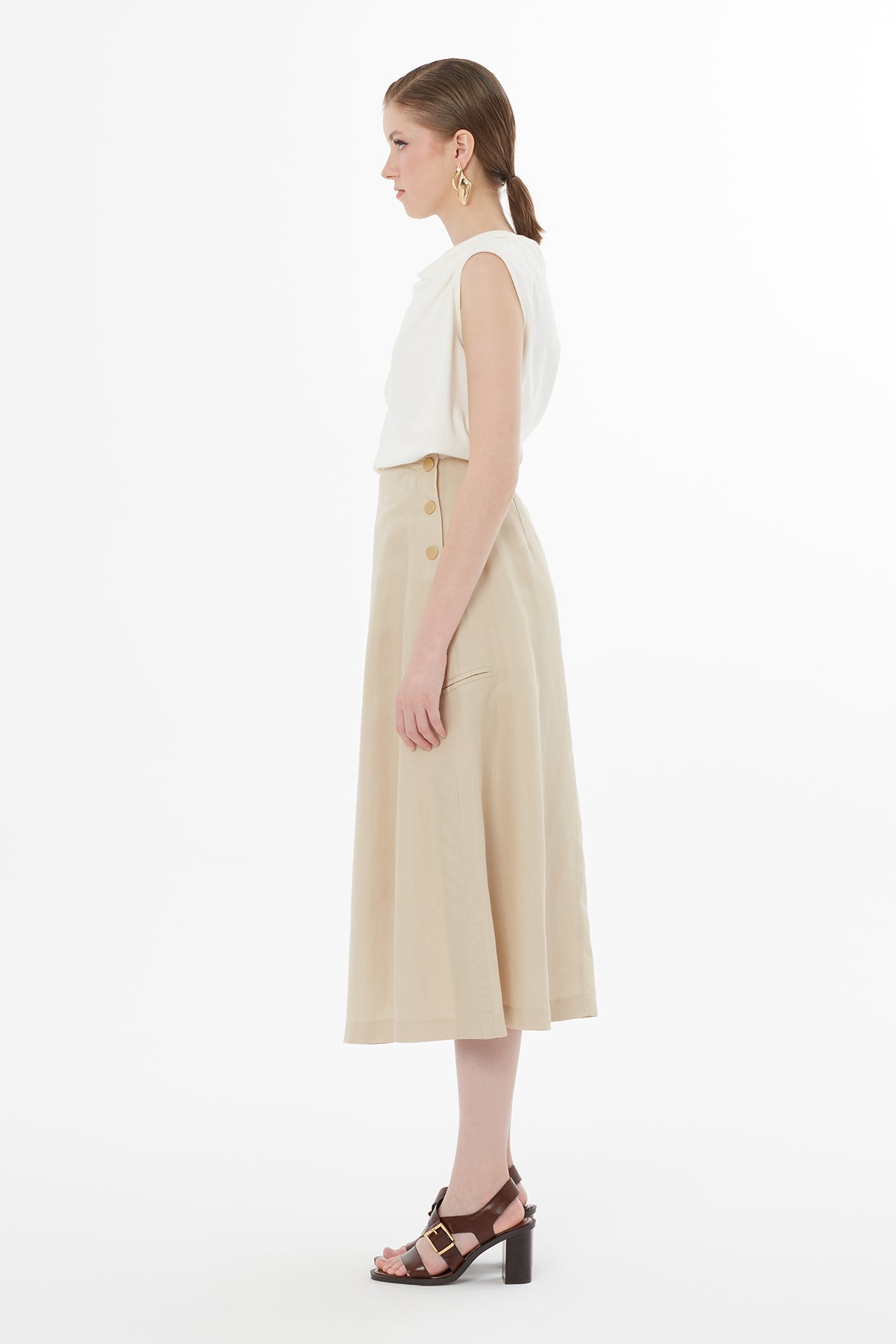 Beige Button-Closure Maxi Skirt