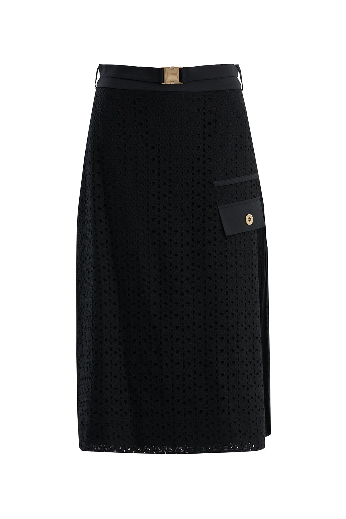Black Belted Side-Slit Midi Skirt