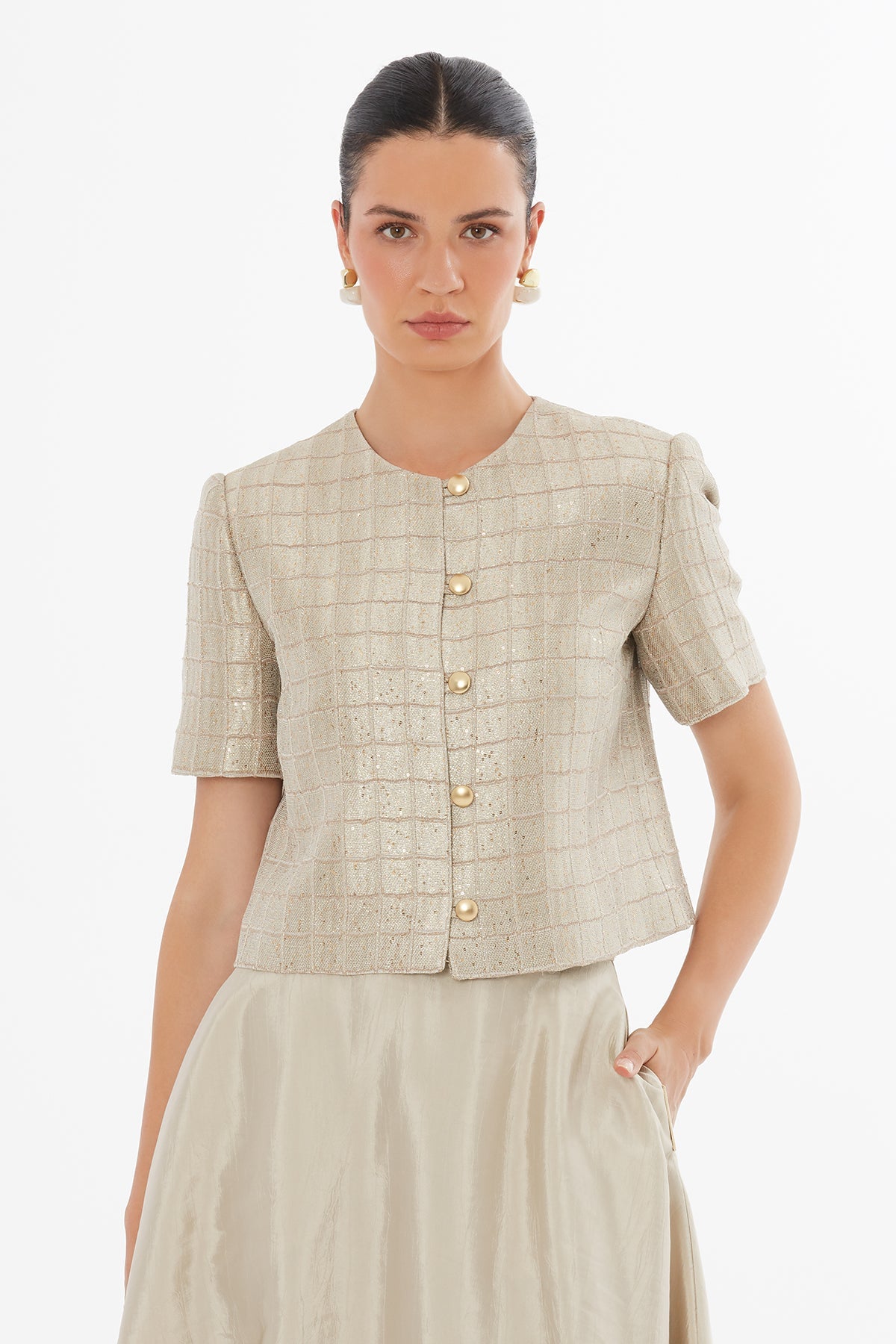 Beige Button-Closure Printed Jacket