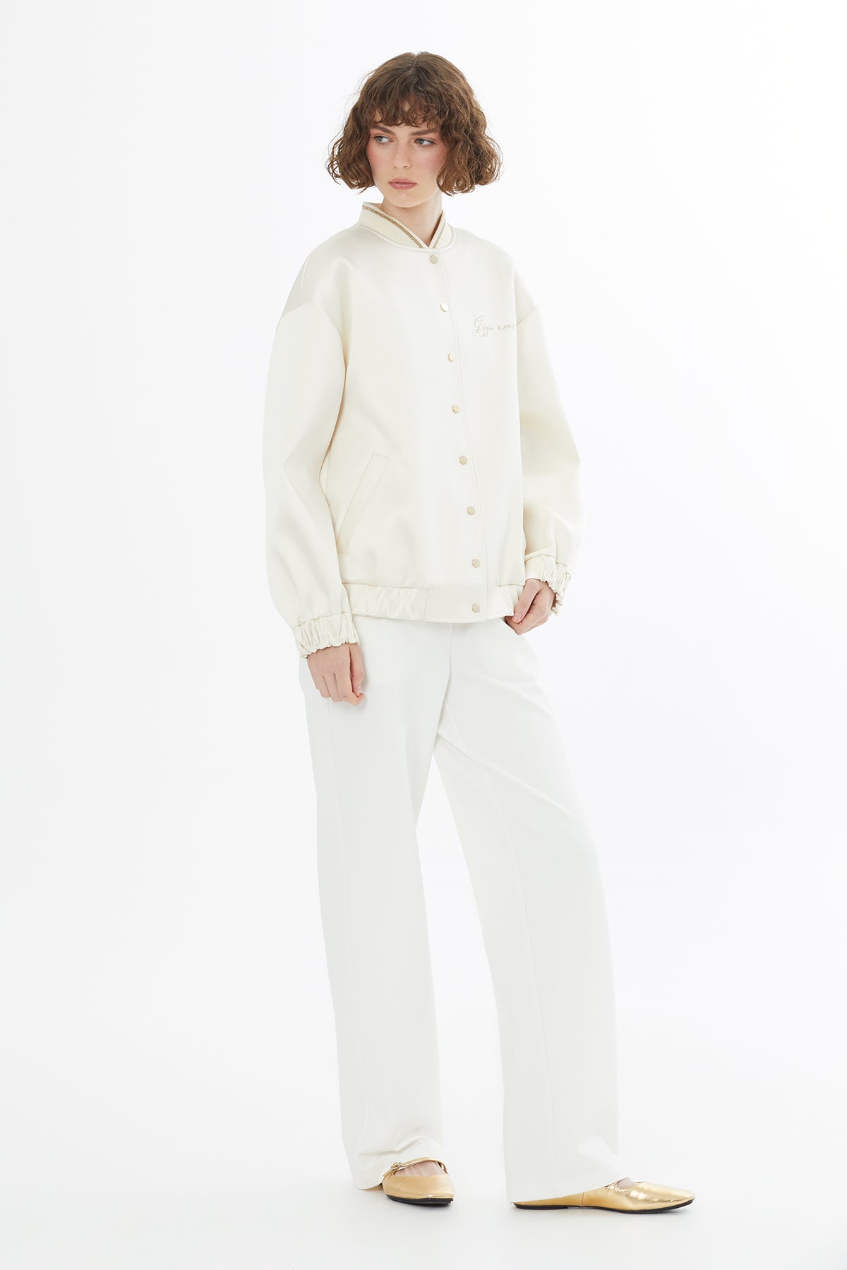 Ecru Embroidered Satin Bomber Jacket