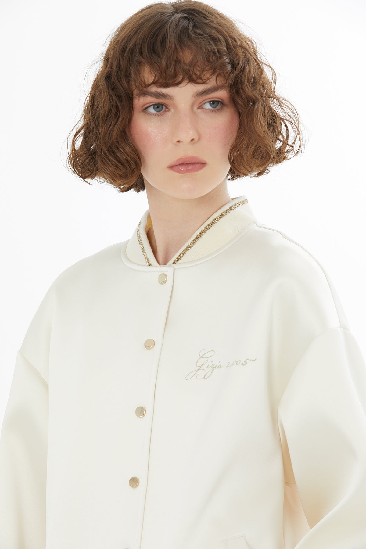 Ecru Embroidered Satin Bomber Jacket