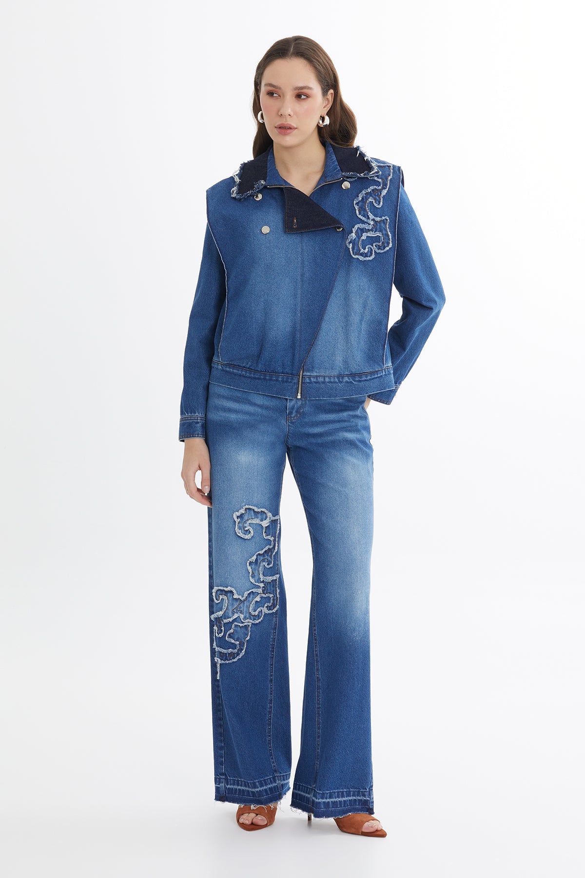 Blue Asymmetric Embroidered Denim Jacket