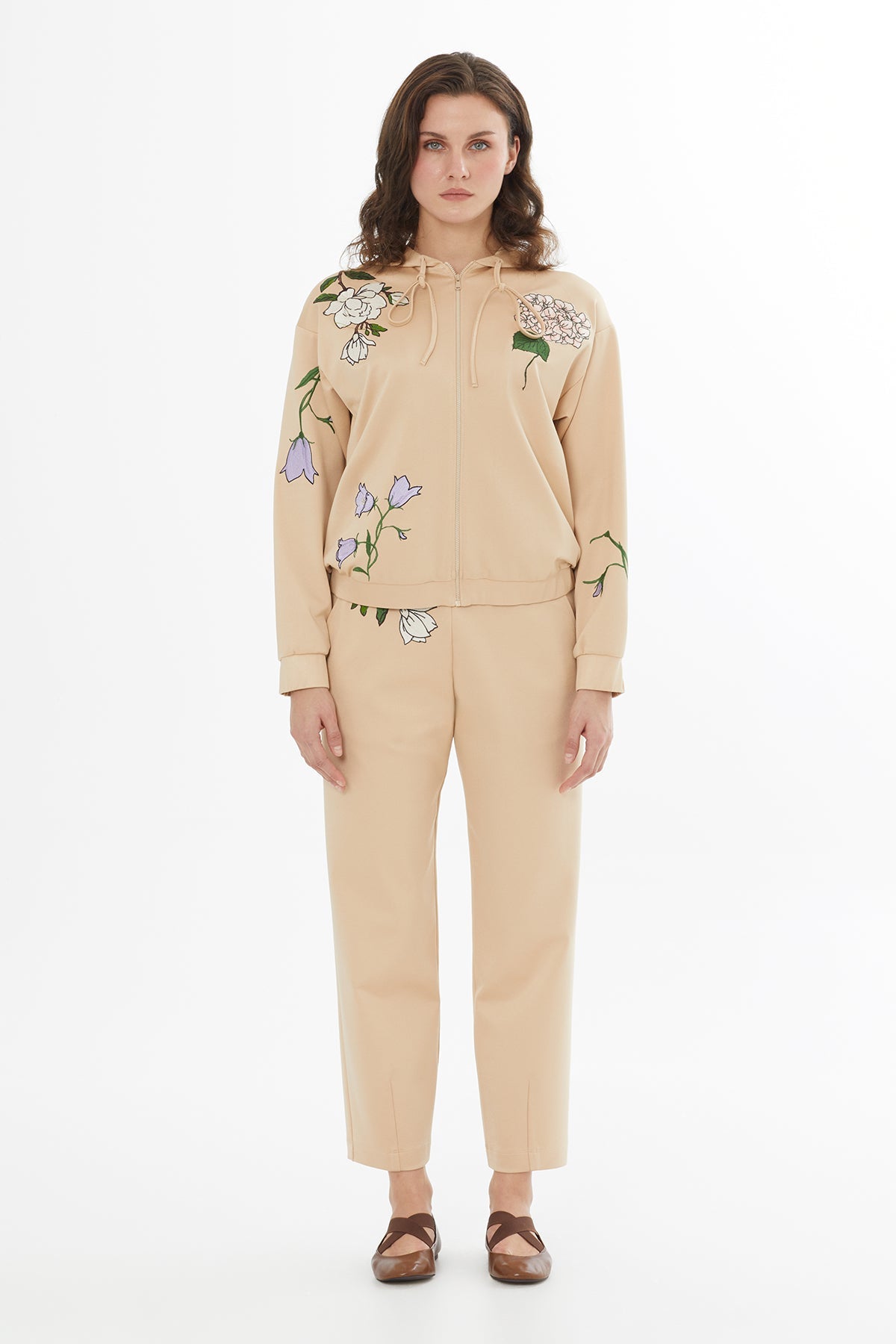 Beige Embroidered Drawstring Sweat