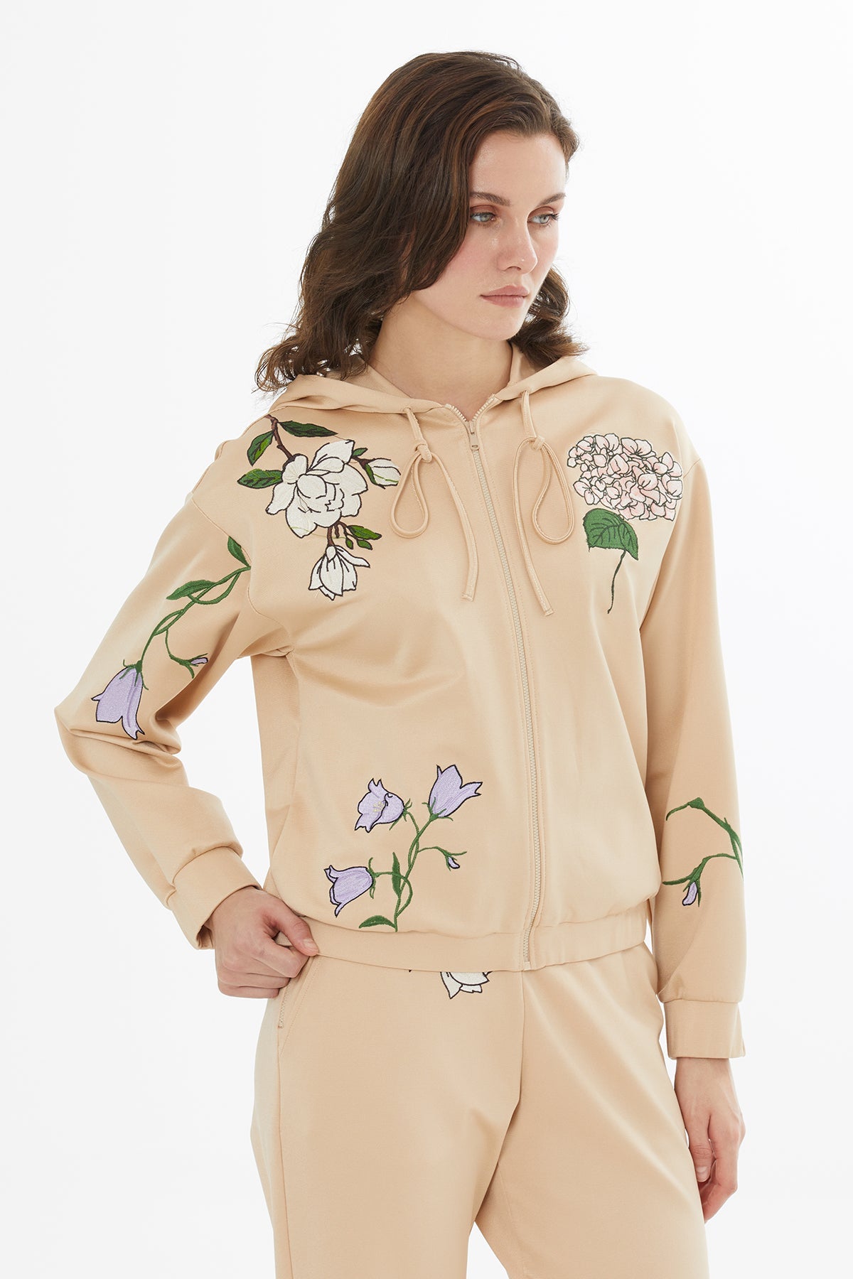 Beige Embroidered Drawstring Sweat