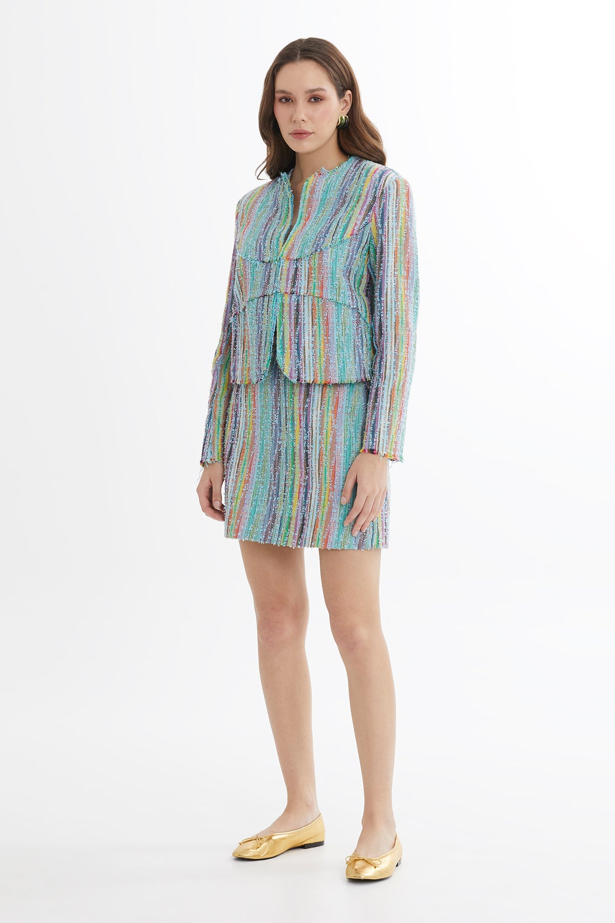 Blue Shoulder-Padded Hook-Closure Textured Blazer