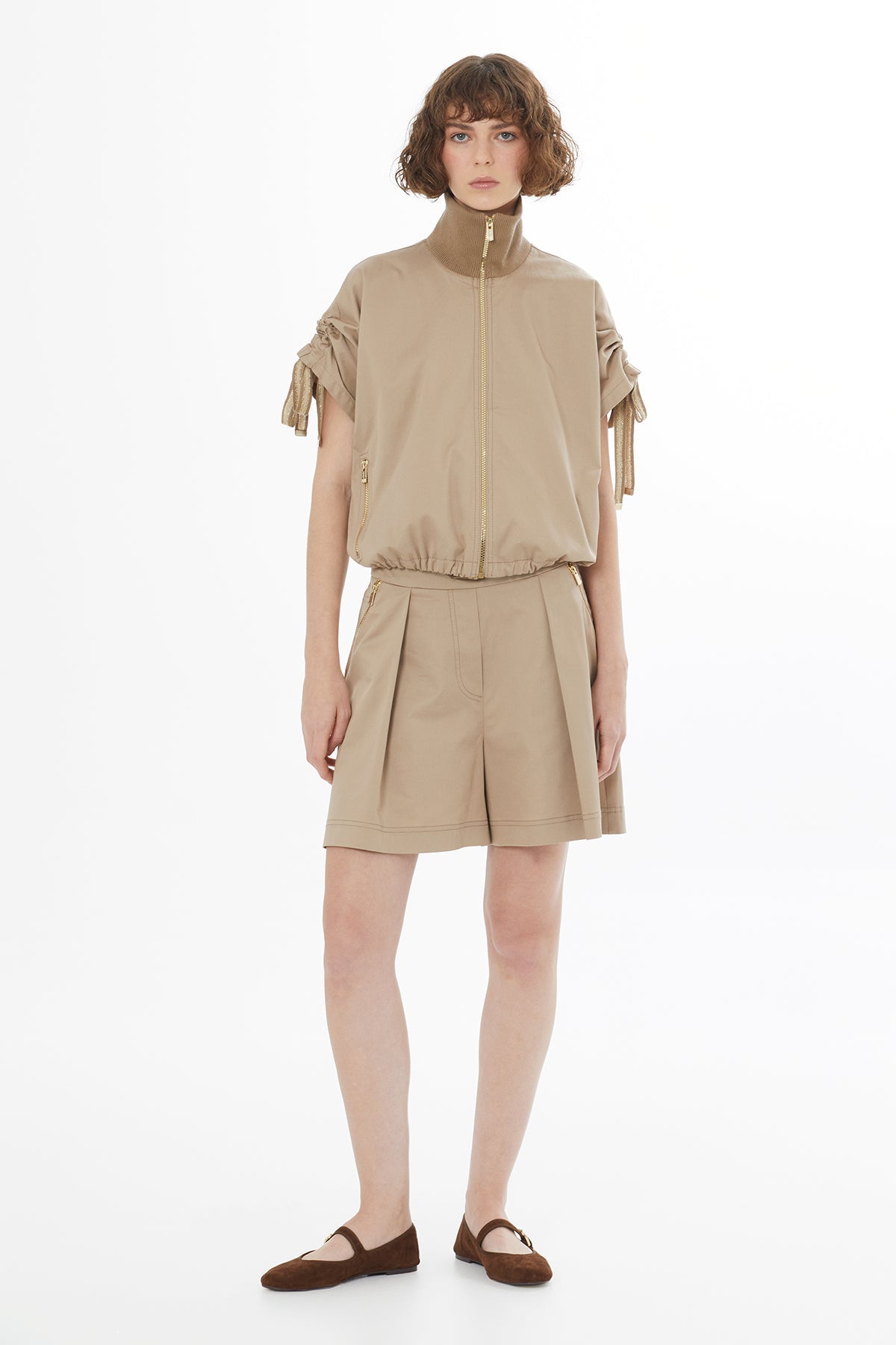 Beige Striped Knit Trim Ruched Blazer