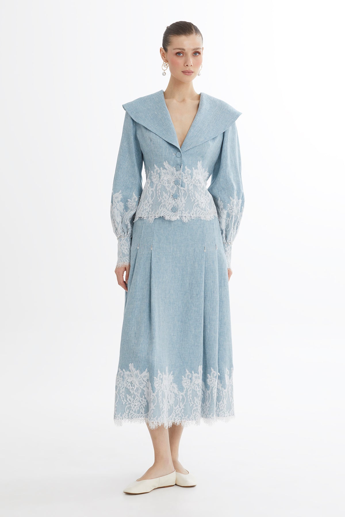 Blue Embroidered Balloon Sleeve Linen Jacket