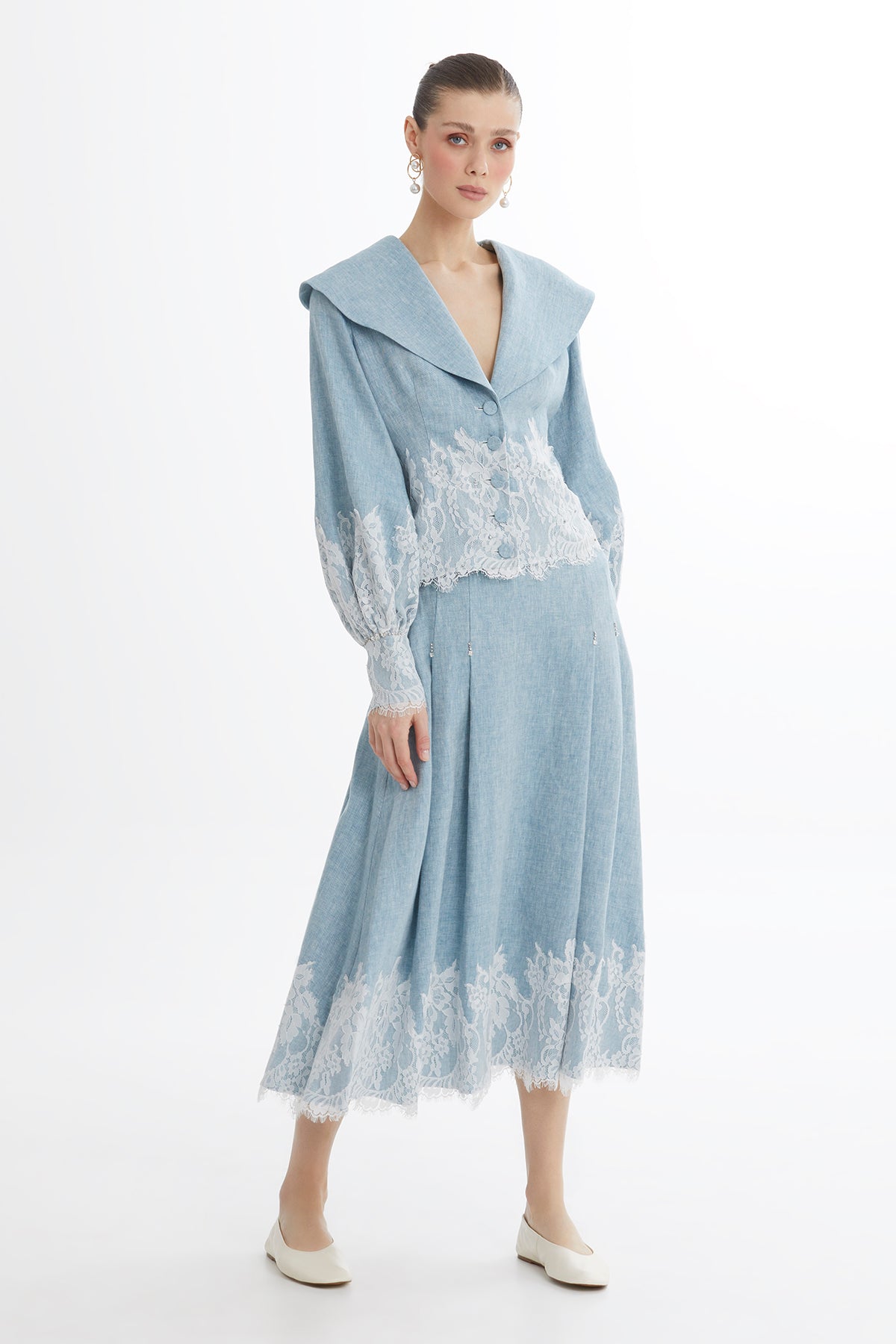 Blue Embroidered Balloon Sleeve Linen Jacket