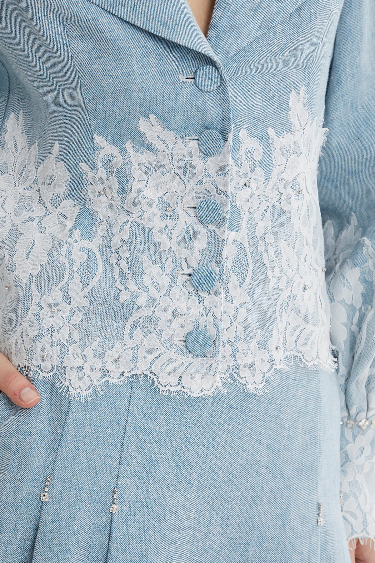 Blue Embroidered Balloon Sleeve Linen Jacket