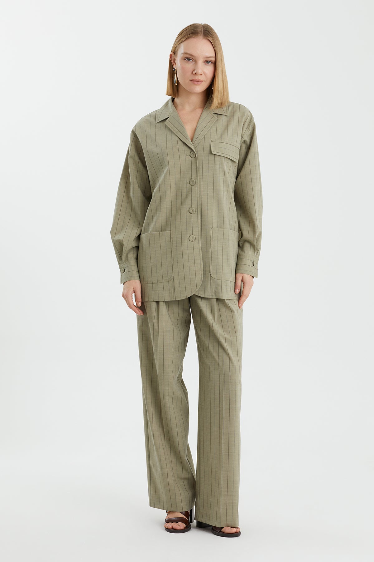 Green Front-Pocket Wool-Blend Jacket
