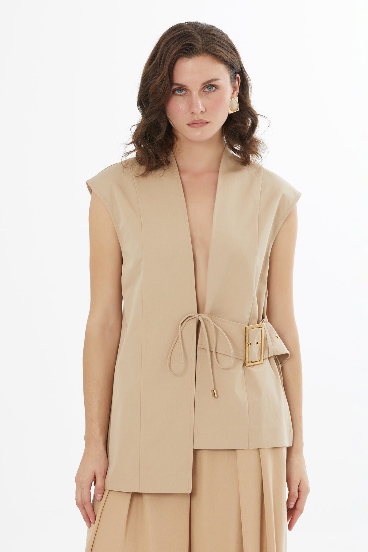 Beige Buckle Detail Vest
