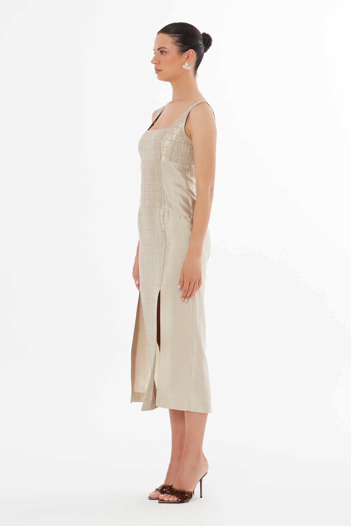 Beige Pocket Detail Square-Neck Maxi Dress