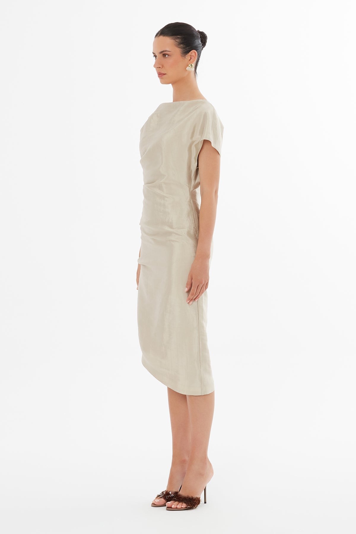 Beige Off-Shoulder Asymmetric Midi Dress