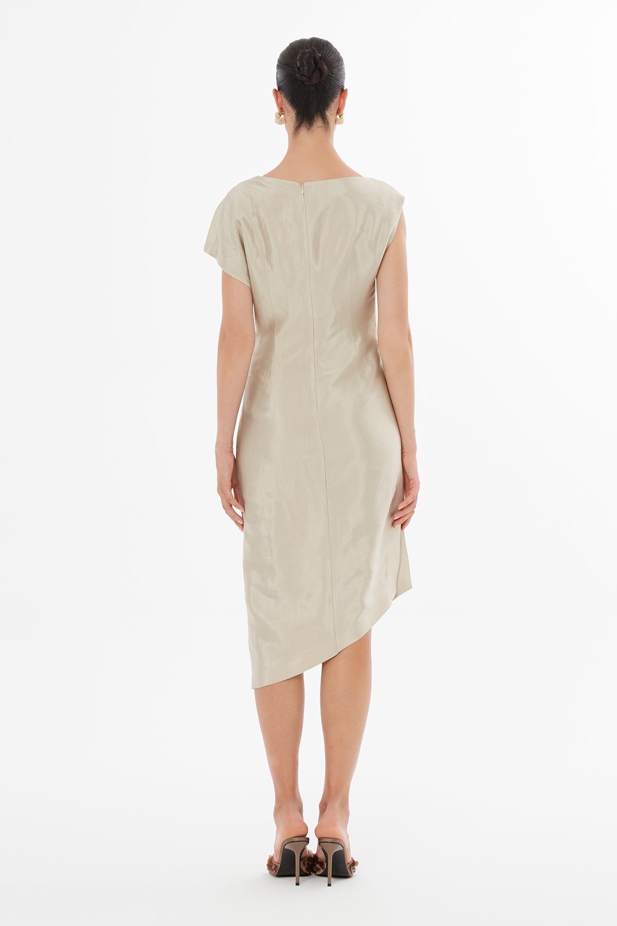 Beige Off-Shoulder Asymmetric Midi Dress