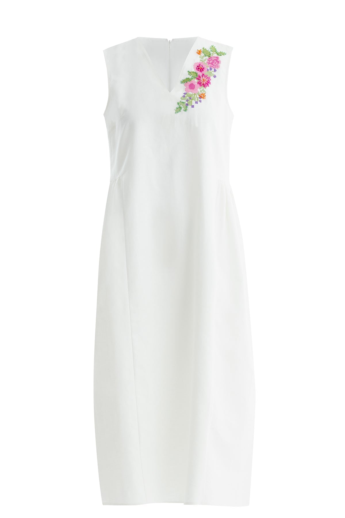 Ecru Color Canvas Embroidered Linen Midi Dress