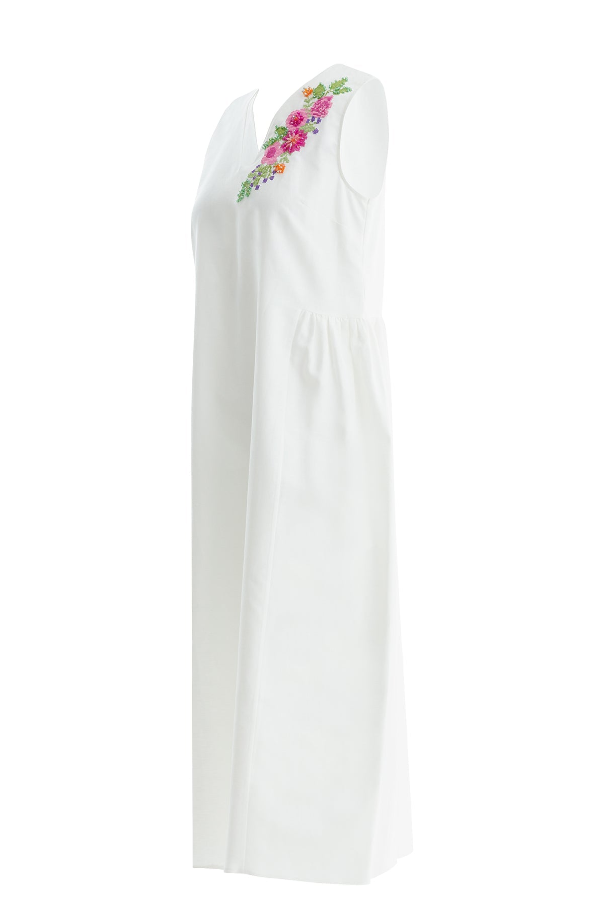Ecru Color Canvas Embroidered Linen Midi Dress