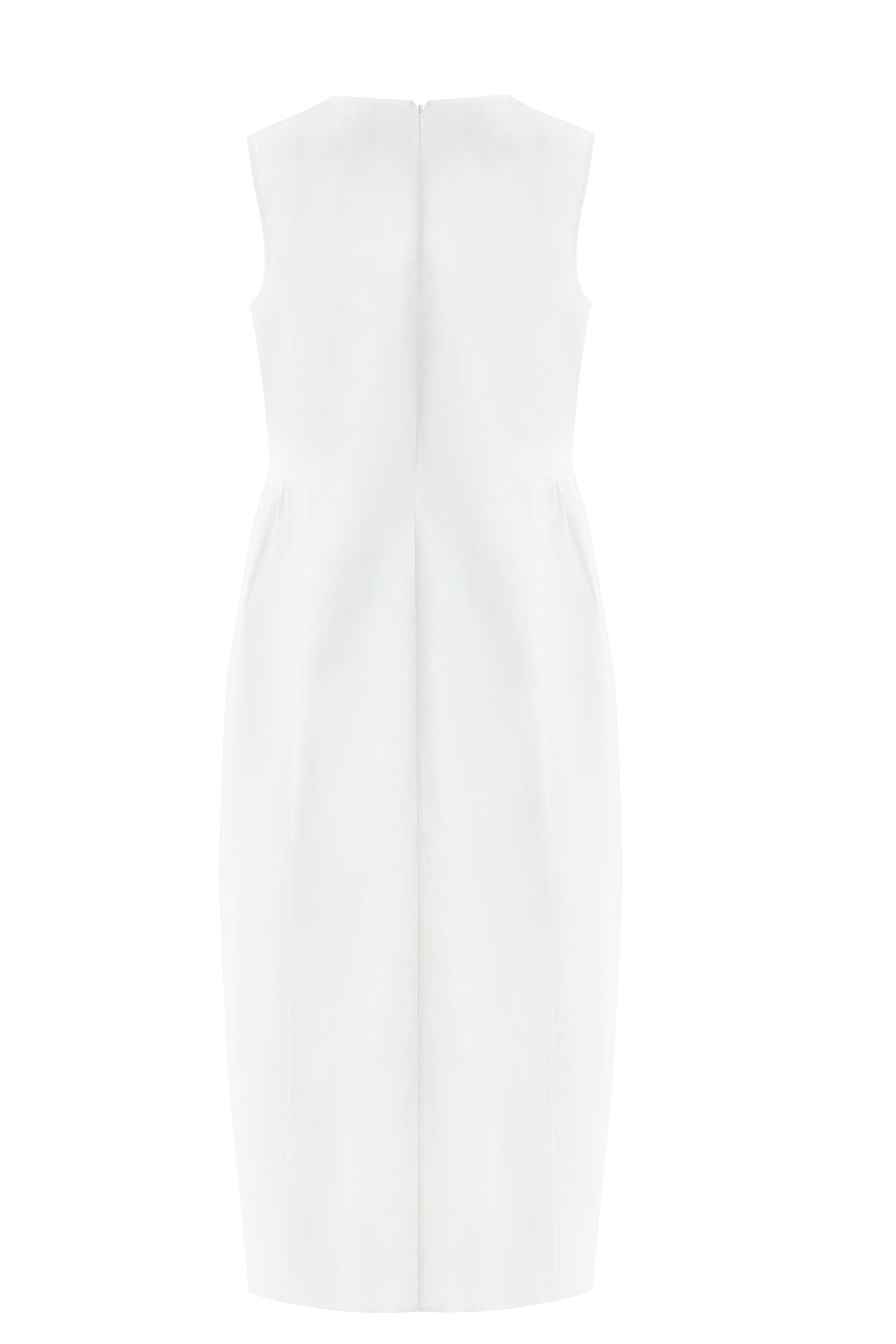 Ecru Color Canvas Embroidered Linen Midi Dress