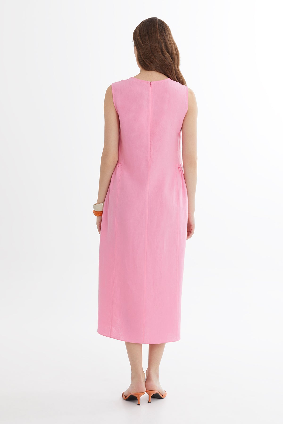 Pink Color Canvas Embroidered Linen Midi Dress