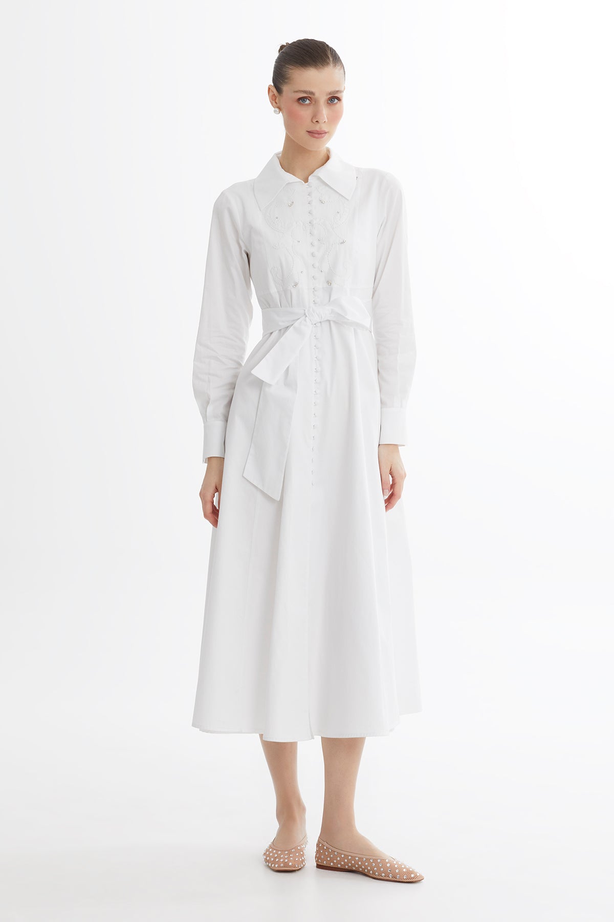 White Embroidered Detail Midi Dress
