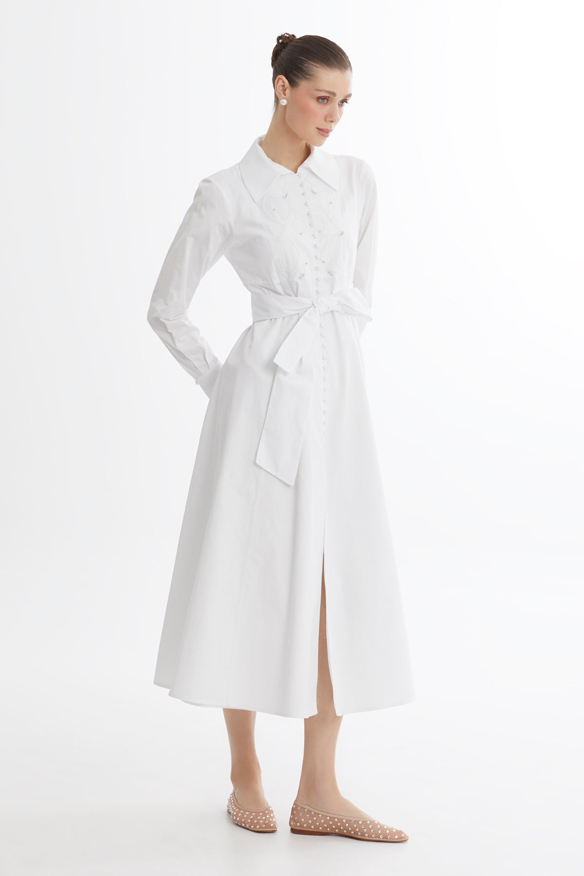 White Embroidered Detail Midi Dress