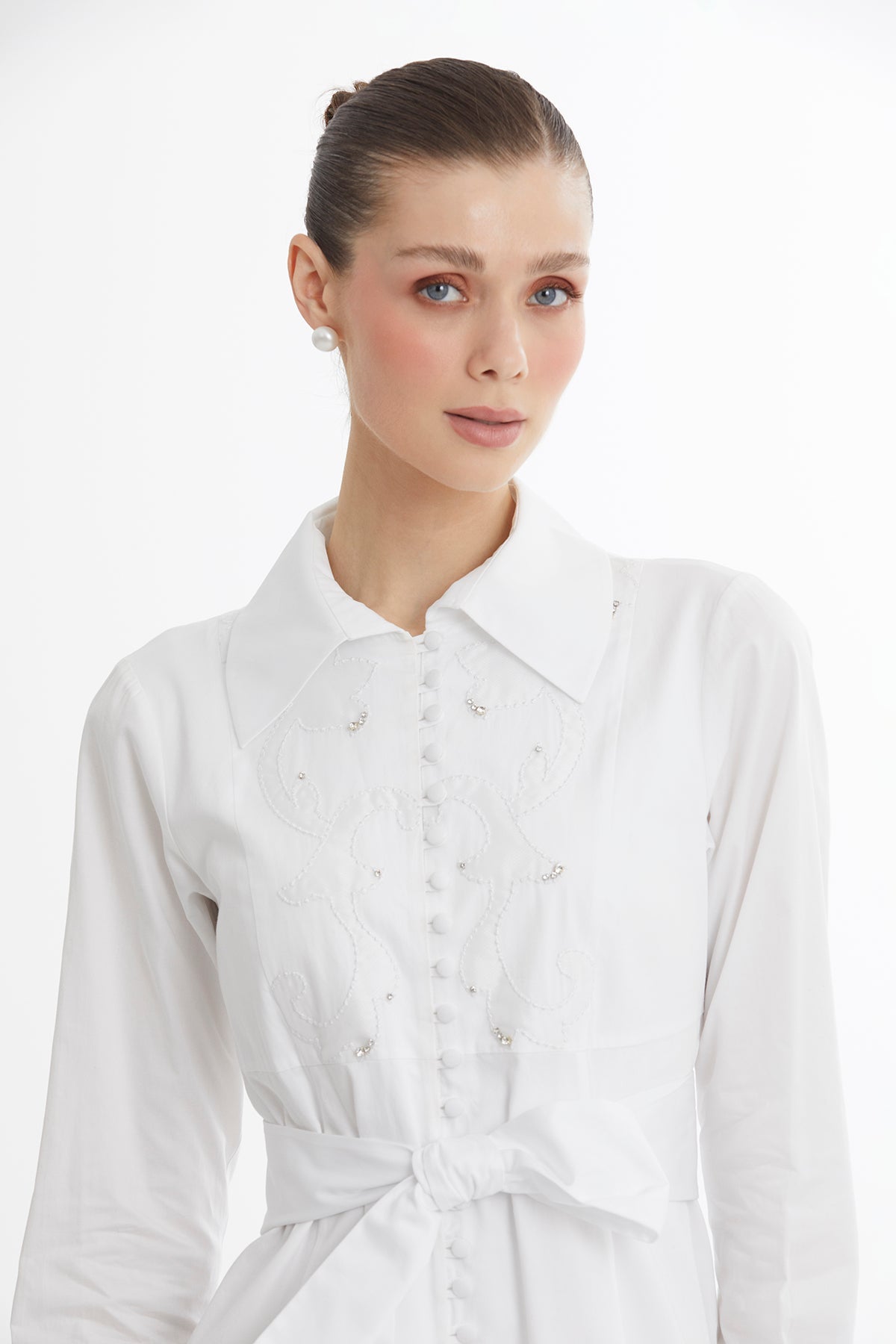 White Embroidered Detail Midi Dress