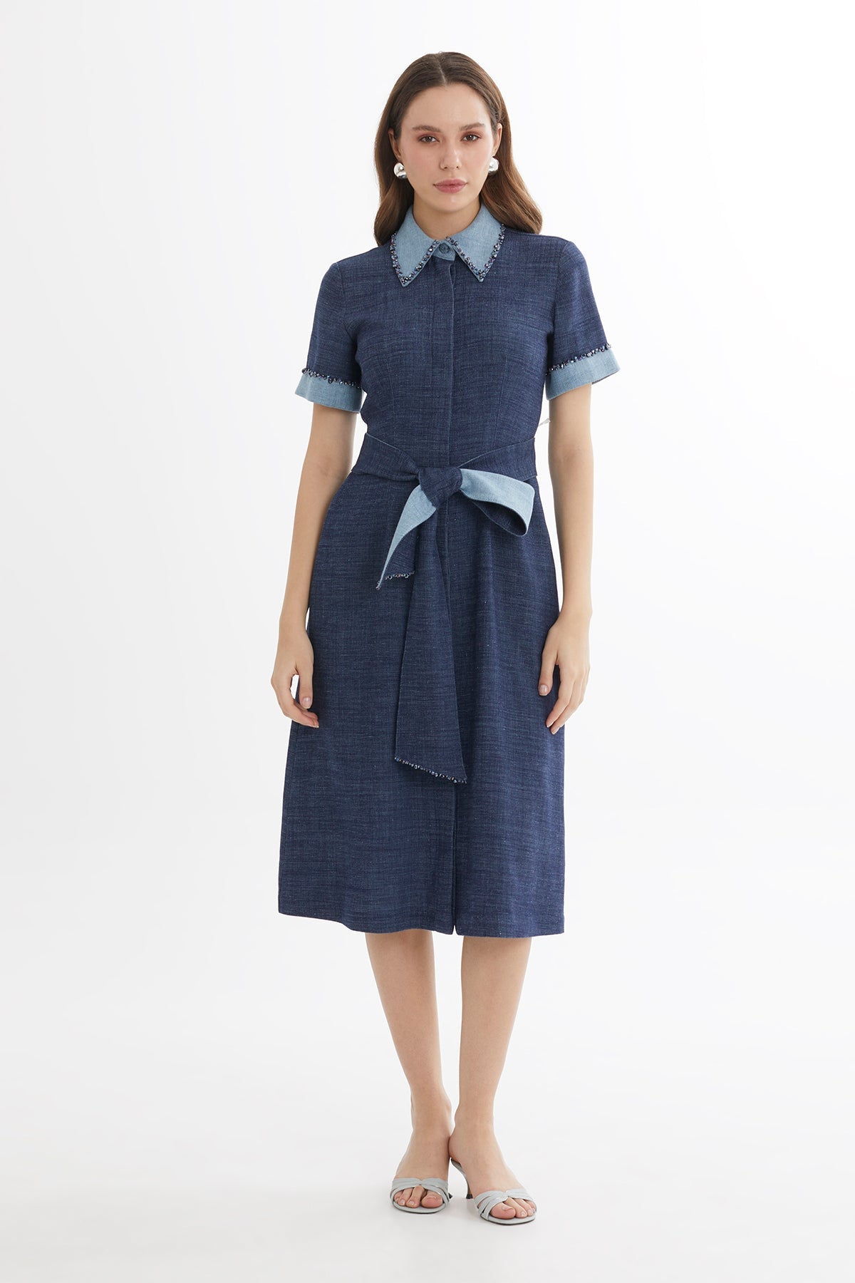 Blue Embroidered Tie-Waist Linen Midi Dress