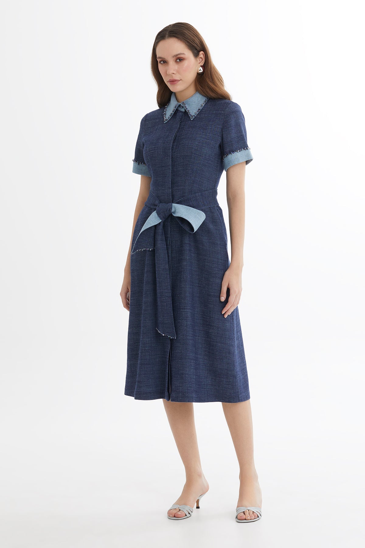 Blue Embroidered Tie-Waist Linen Midi Dress