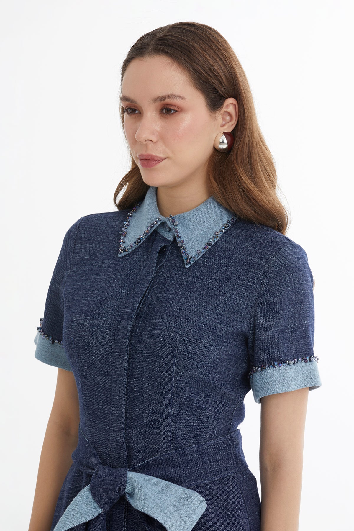 Blue Embroidered Tie-Waist Linen Midi Dress