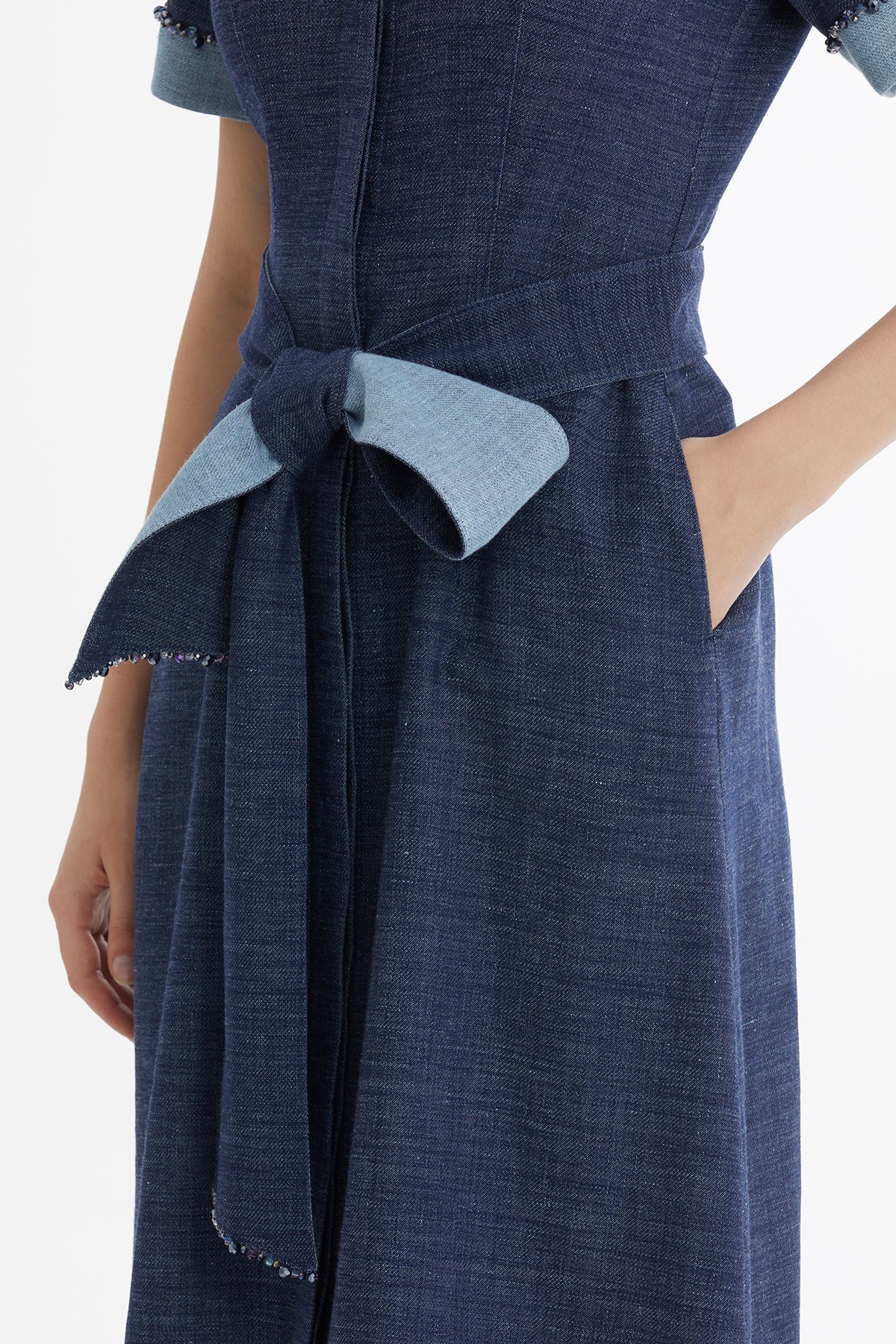 Blue Embroidered Tie-Waist Linen Midi Dress